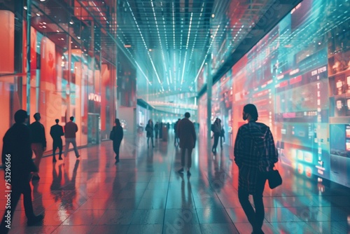 Interactive digital display in a bustling shopping mall corridor. Future commerce concept. Generative AI