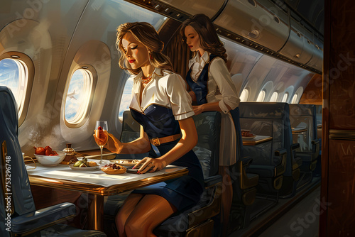 Two stewardess flight attendants service on airplane in first class or business class