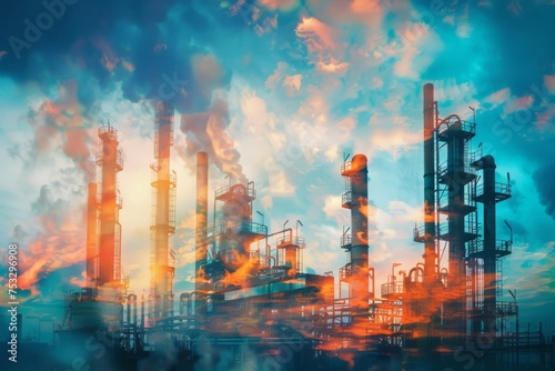 Industrial factory chimneys emitting smoke with a colorful sky  representing pollution  industry  and environmental impact. Concept of industry  pollution  and environment. 