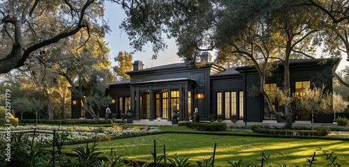 A grand one-story traditional estate with a black facade and dark grey columns, nestled within a grove of pomegranate trees © Aaron Gallery  