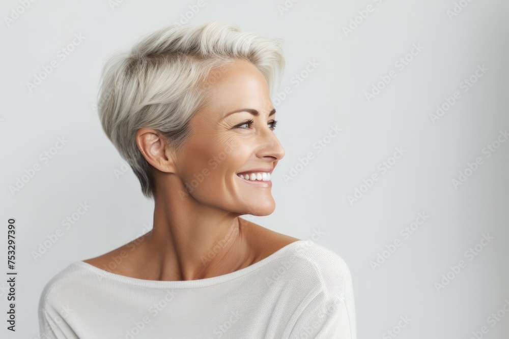 Portrait of happy smiling beautiful middle aged woman, over grey background Portrait of happy smiling beautiful middle aged woman, over grey background