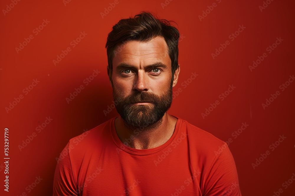 Portrait of a handsome bearded man in a red t-shirt on a red background Portrait of a handsome bearded man in a red t-shirt on a red background