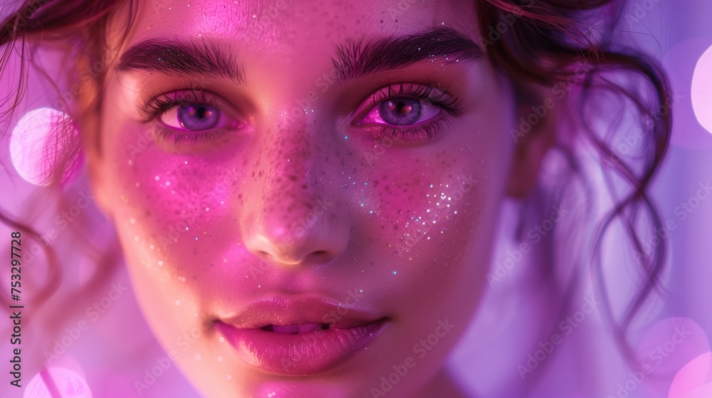 Ocidental hyper realistic happy woman looking forward, focus on eyes, purple light details Ocidental hyper realistic happy woman looking forward, focus on eyes, purple light details