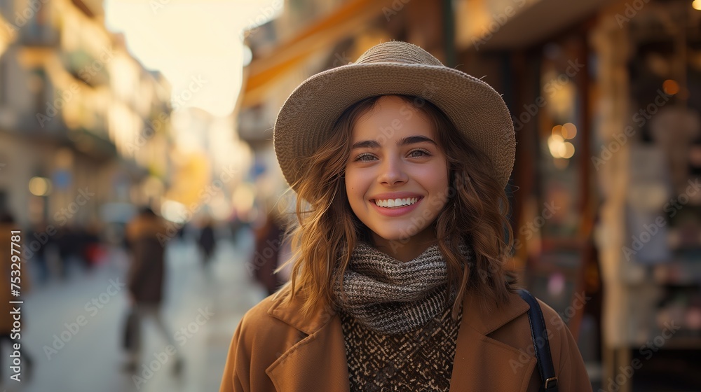 Smiling young woman wearing a stylish beige hat with a broad brim on a soft blue background