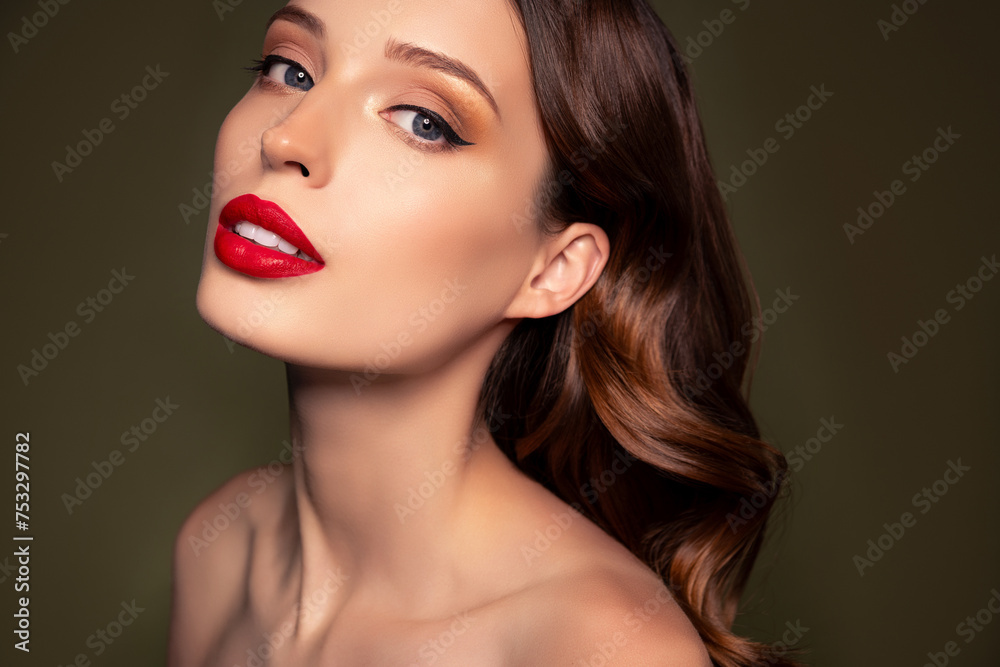 Close up portrait of elegant gorgeous tempting lady smokey eyes make up preparation for red carpet night club event