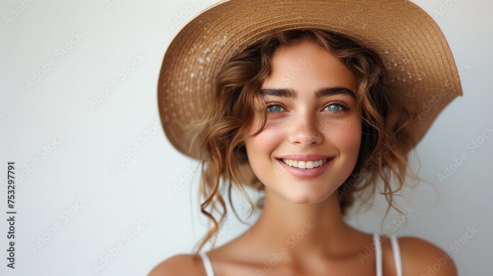 Smiling young woman wearing a stylish beige hat with a broad brim on a soft blue background Smiling young woman wearing a stylish beige hat with a broad brim on a soft blue background