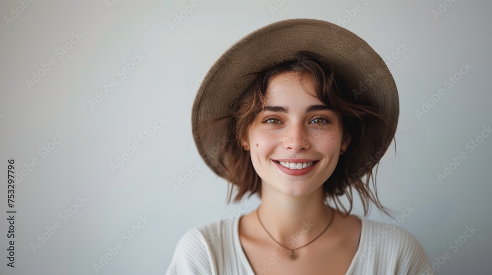 Smiling young woman wearing a stylish beige hat with a broad brim on a soft blue background Smiling young woman wearing a stylish beige hat with a broad brim on a soft blue background