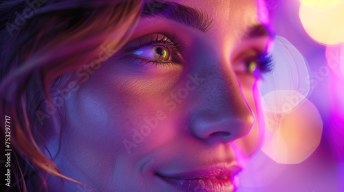 Ocidental hyper realistic happy woman looking forward, focus on eyes, purple light details photo