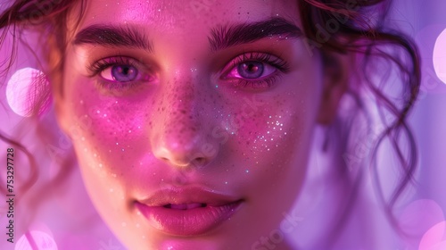 Ocidental hyper realistic happy woman looking forward, focus on eyes, purple light details