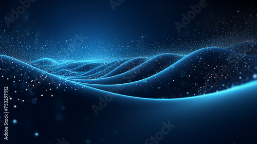 Abstract blue futuristic background. Light shiny waves and particles, copy space.