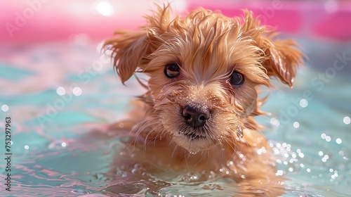 Close-up a cute puppy swimming in the pink water. Generated by artificial intelligence.