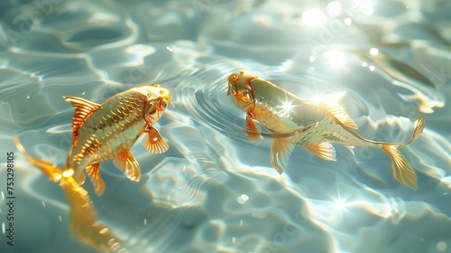 Two golden fish on the sparkling white water. Beautiful curves  sunlight  light and shadow  natural light. Generated by artificial intelligence.
