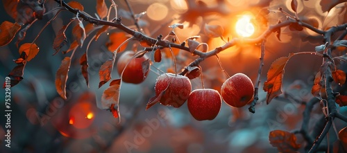 Autumn beauty captured: red berries glistening in golden sunlight, serene nature scene with artistic flare. AI
