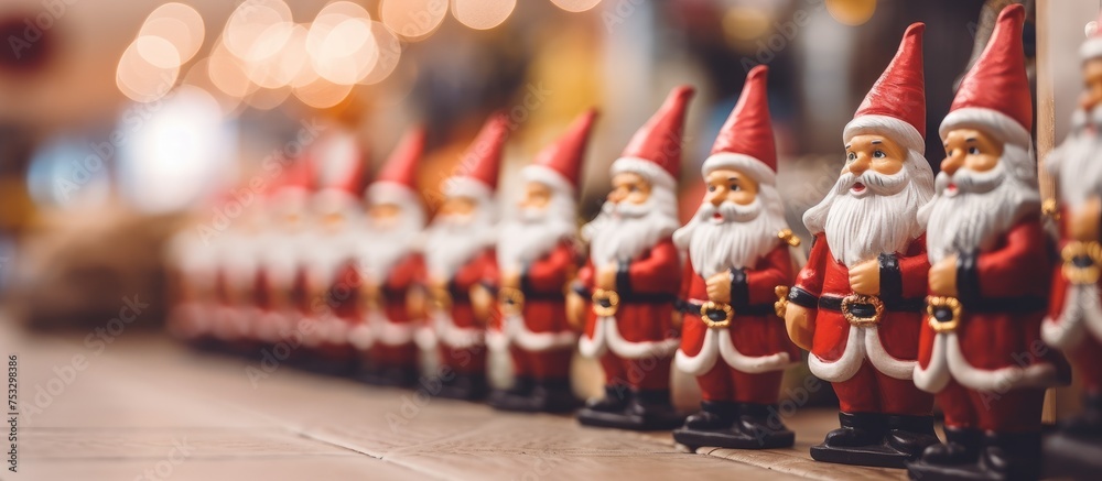 Blurred image of Santa Claus figurines in store for festive season decor - obrazy, fototapety, plakaty 
