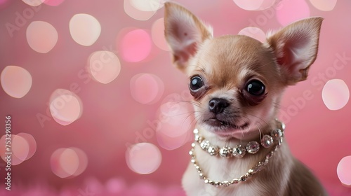 Nice chihuahua puppy dog with luxury jewelry collar necklace on pink background with bokeh lights
 photo