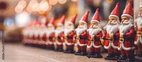 Blurred image of Santa Claus figurines in store for festive season decor