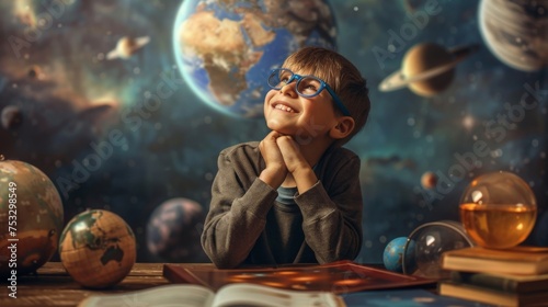 Fototapeta Naklejka Na Ścianę i Meble -  Happy schoolboy dreaming at astronomy lesson, student learning about space exploration and discovery, back to school concept for education and development of imagination in classroom