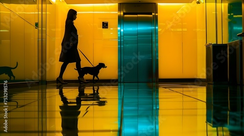 Silhouette of a woman and dog at an airport. reflective glossy surface  modern style  travel-themed image. captured in contemporary setting. AI