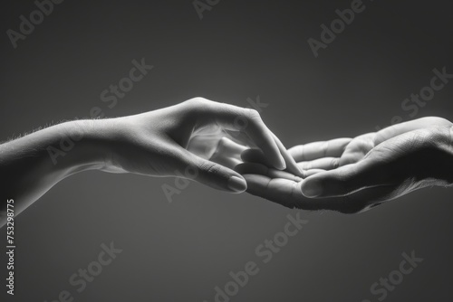 Helping hand concept, international day of peace. Support and salvation, close up of outstretched helping hands isolated on white. Assistance and care, black and white image. Friendship, unity, hope photo