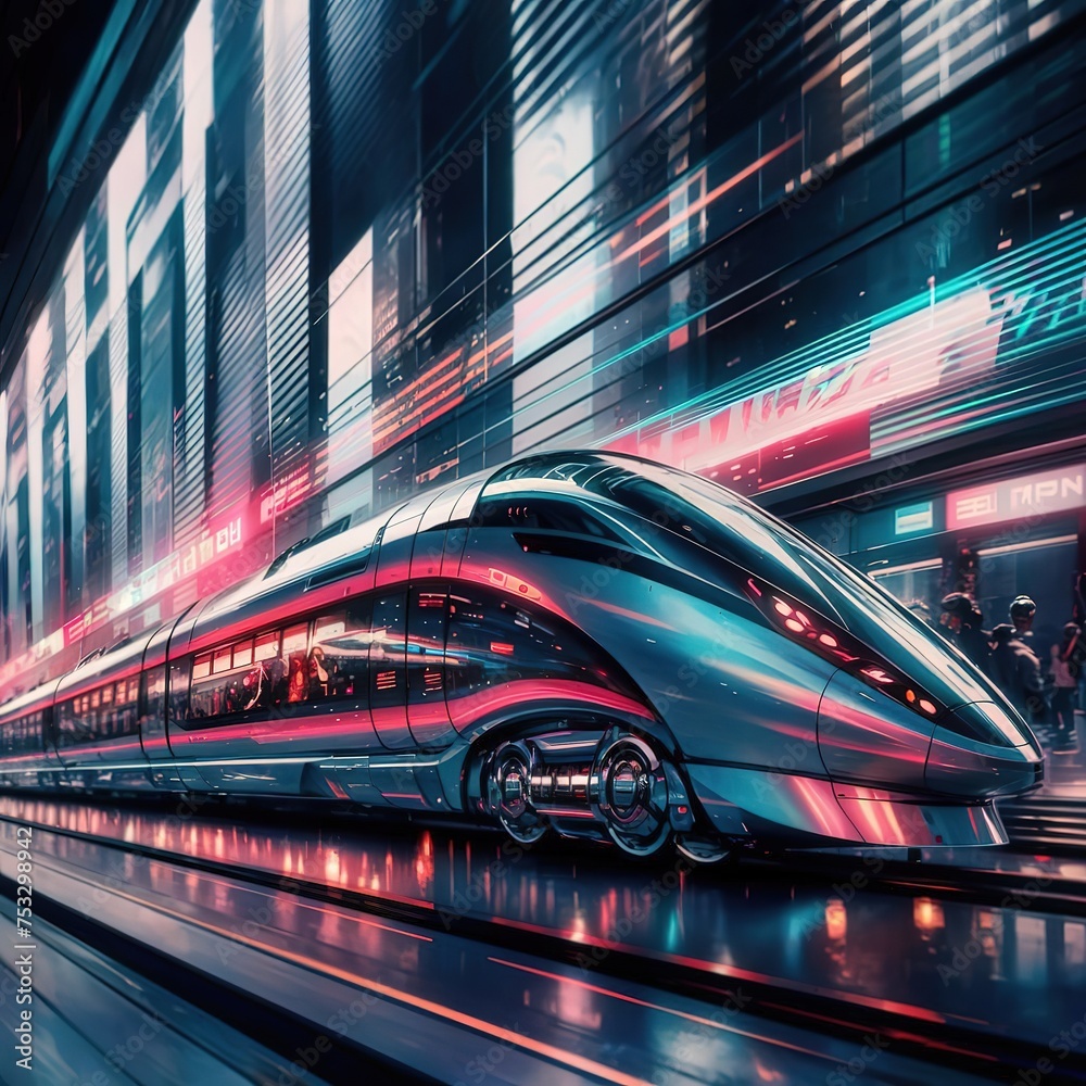 Fototapeta premium Lights motion train modern futuristic vehicle transport digital illustration