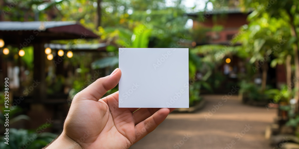 Hand holding square card, blurred nature background. space for text or logo Hand holding square card, blurred nature background. space for text or logo