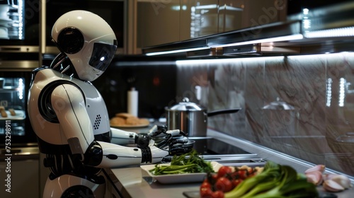 Modern robot preparing food in a kitchen with fresh vegetables and stainless steel pots on the counter. photo