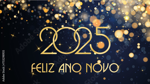 cartão ou banner para desejar um feliz ano novo 2025 em ouro com círculos dourados e glitter em efeito bokeh sobre fundo azul photo