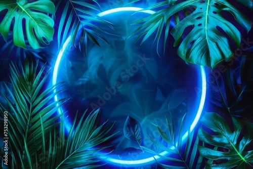 Green and blue glowing neon ring with exotic palm tree foliage on black. Vibrant backdrop for advertising summer vacation  travel agency  beach resort or swimming pool party invitation with copyspace