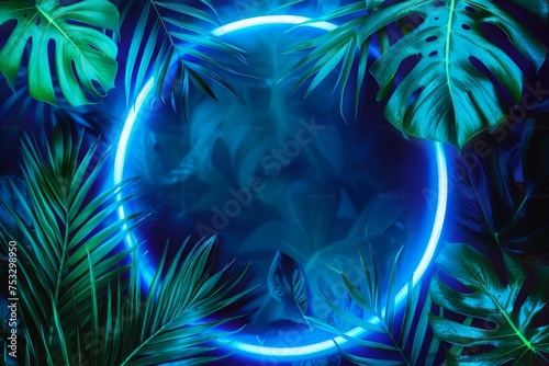 Green and blue glowing neon ring with exotic palm tree foliage on black. Vibrant backdrop for advertising summer vacation, travel agency, beach resort or swimming pool party invitation with copyspace photo