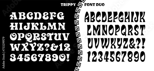 A duo of trippy psychedelic style alphabets in the vein of 1960s hippie poster art.