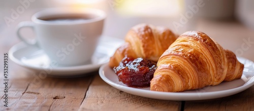 Croissant and fruit jam accompany the coffee cup.