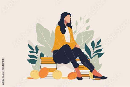 An illustration of a woman sitting on a pile of coins. Money and finance concept