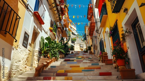 View of Calpe old town on sunny day. Stairs adorned with colors of Spanish flag, Calpe, Alicante province, Valencian Community, Spain photo