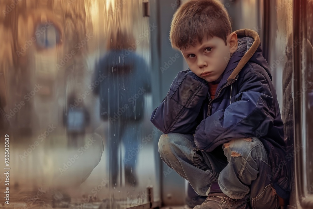 Sad boy sitting alone. depressed and unhappy. concept of bullying in school. facing social isolation and emotional challenges. Childhood struggles. mental health awareness for kids and teenagers Sad boy sitting alone. depressed and unhappy. concept of bullying in school. facing social isolation and emotional challenges. Childhood struggles. mental health awareness for kids and teenagers
