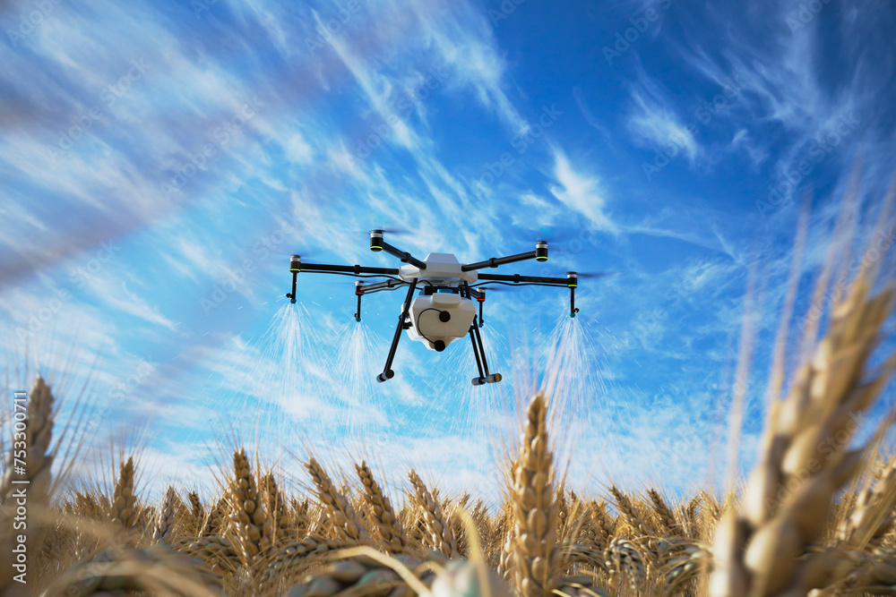 High-Tech Agricultural Drone Administering Treatment Over Vast Wheat Field