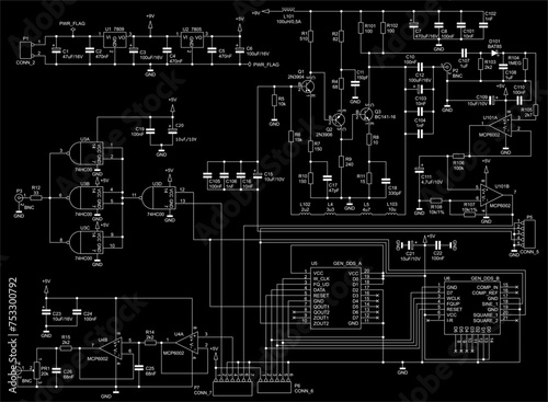 Schematic diagram of electronic device.
Vector drawing electrical circuit with capacitor, diode,
coil, resistor, logic gate, integrated circuit, 
operational amplifier, transistor,
connector.