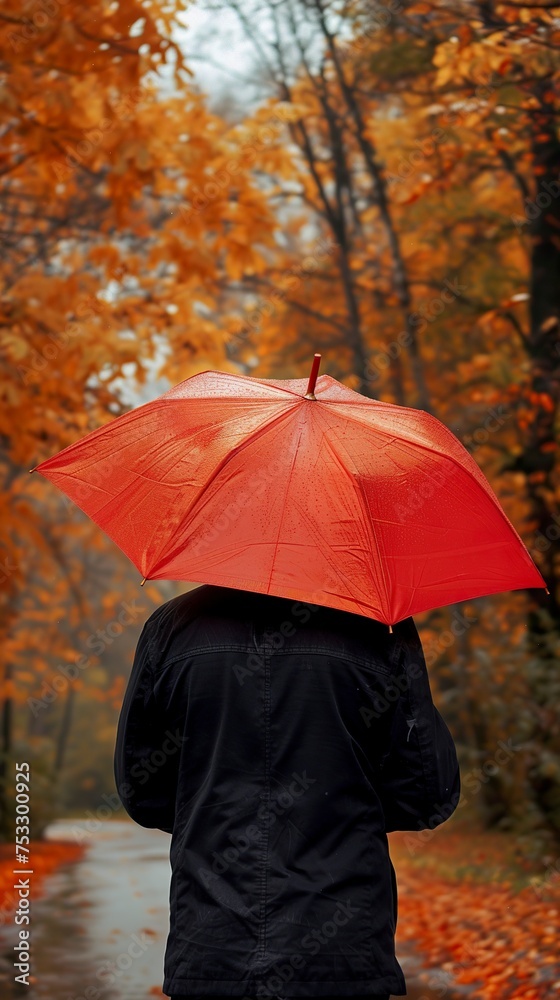 A man from the back holding a red umbrella in a romantic portrait in the natural beauty of nature. Man with red umbrella in autumn season.
