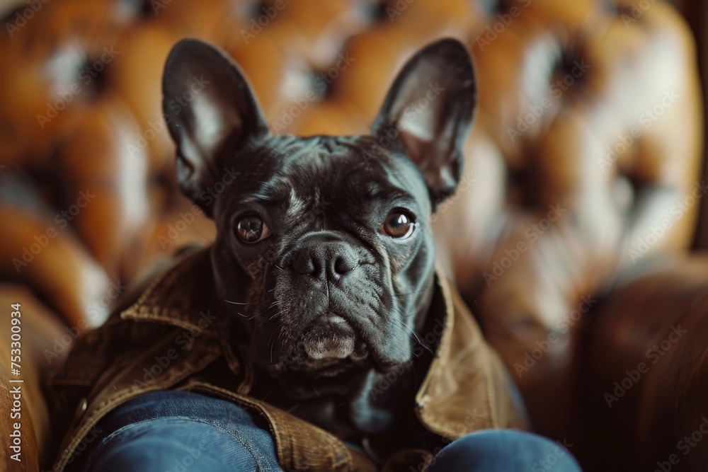 A small black dog relaxes atop a couch, exuding an air of elegance and poise.