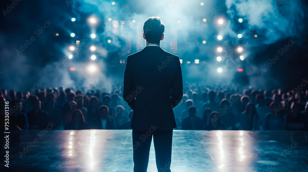 Businessman motivational speaker standing on stage in front of an audience for a speech at conference or business event. Talks about Success, Leadership, Technology, and How To Be Productive - obrazy, fototapety, plakaty 