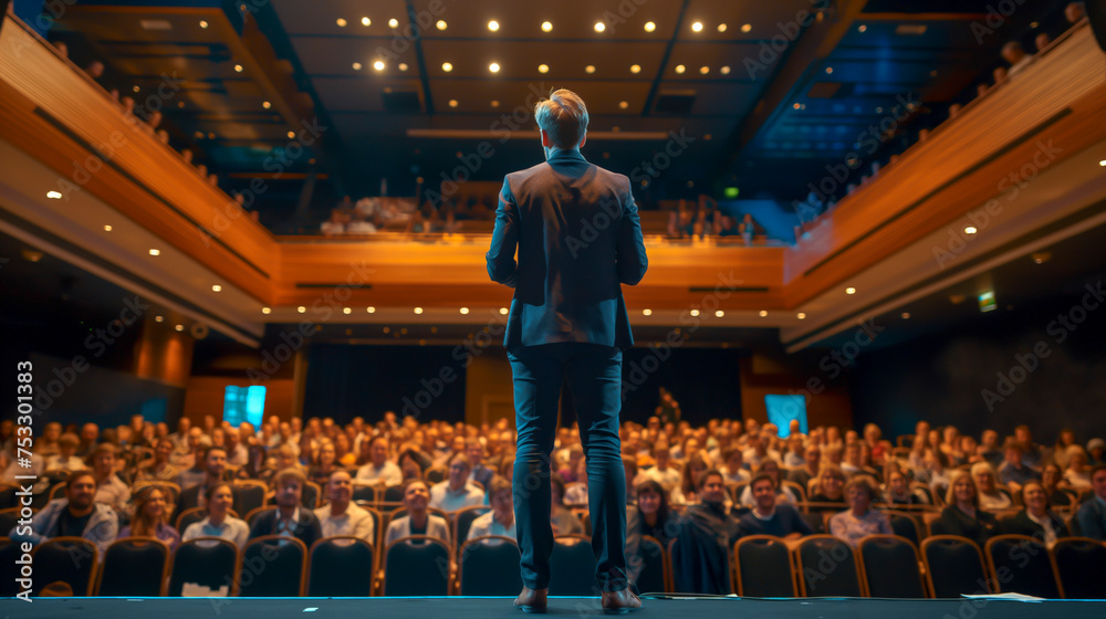 Businessman motivational speaker standing on stage in front of an audience for a speech at conference or business event. Talks about Success, Leadership, Technology, and How To Be Productive - obrazy, fototapety, plakaty 