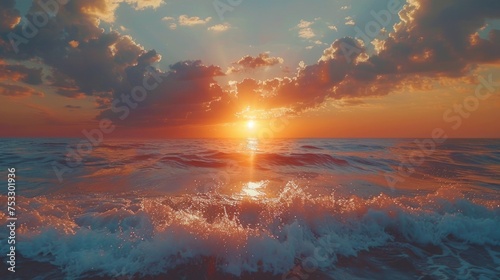 A sunset over the ocean with waves crashing on the shore and clouds over the ocean and beach © เลิศลักษณ์ ทิพชัย