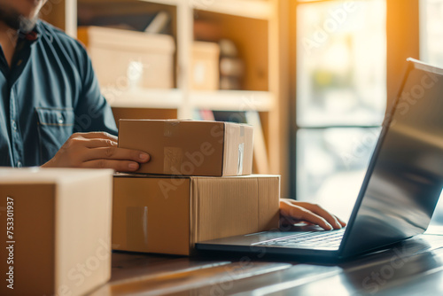 Business owner small using laptop at workplace small business entrepreneur SME or freelance working with a box at home deliver to customers, Online selling or e-commerce © MVProductions