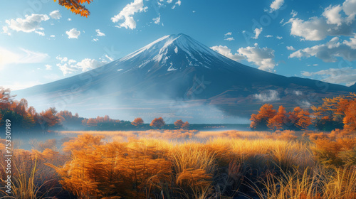 Morning view of Mount Fuji with Kokia bushes in Autumn colors from Oishi park, Yamanashi Prefecture, Japan. photo
