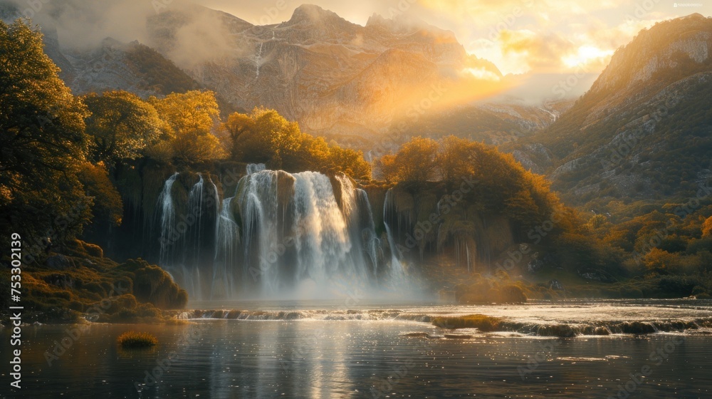 Fototapeta premium A large waterfall with a stunning landscape with beautiful waterfalls and a beautiful morning sky lit up by a beautiful sunrise. in Iceland, Europe