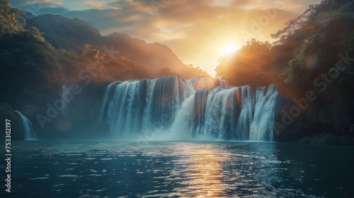 A large waterfall with a stunning landscape with beautiful waterfalls and a beautiful morning sky lit up by a beautiful sunrise. in Iceland, Europe © เลิศลักษณ์ ทิพชัย