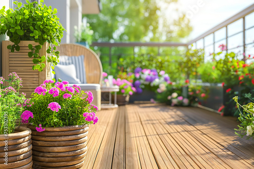 Beautiful of modern terrace with wood deck flooring and fence, green potted flowers plants and outdoors furniture. Cozy relaxing area at home. Sunny stylish balcony terrace in the city