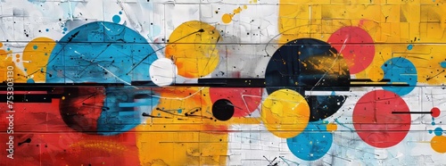 Urban mural art featuring abstract, overlapping circles and curved lines in a distressed texture with a palette of blue, yellow, and red.