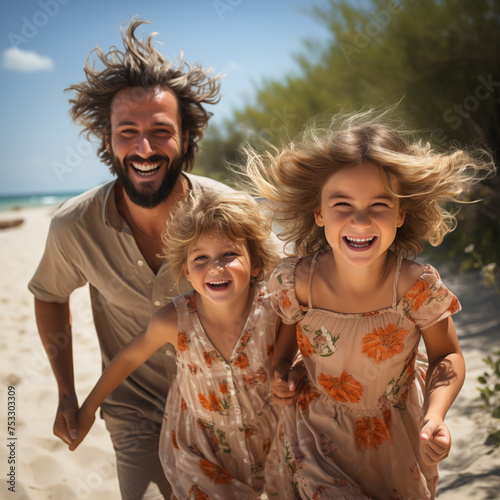 Happy family on the beach. Father, mother and daughter having fun together.
