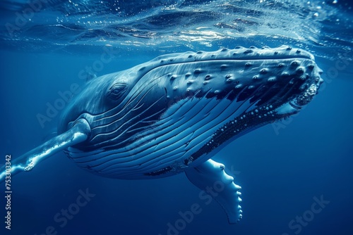 Giant blue whale swimming in deep blue ocean water. Underwater wildlife animal photography. Endangered species and marine life conservation. Ocean day. World Wildlife day. Scuba diving and tourism © JovialFox