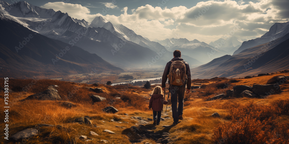 Back view of father and little daughter walking on winter road in mountains - obrazy, fototapety, plakaty 